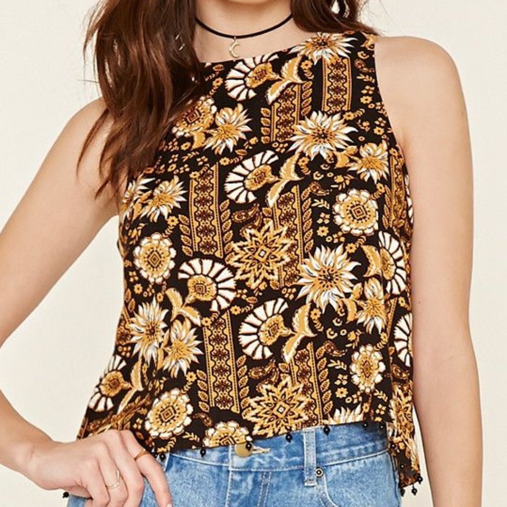 Black & Gold Ornate Print Tulip-Back Crop Top